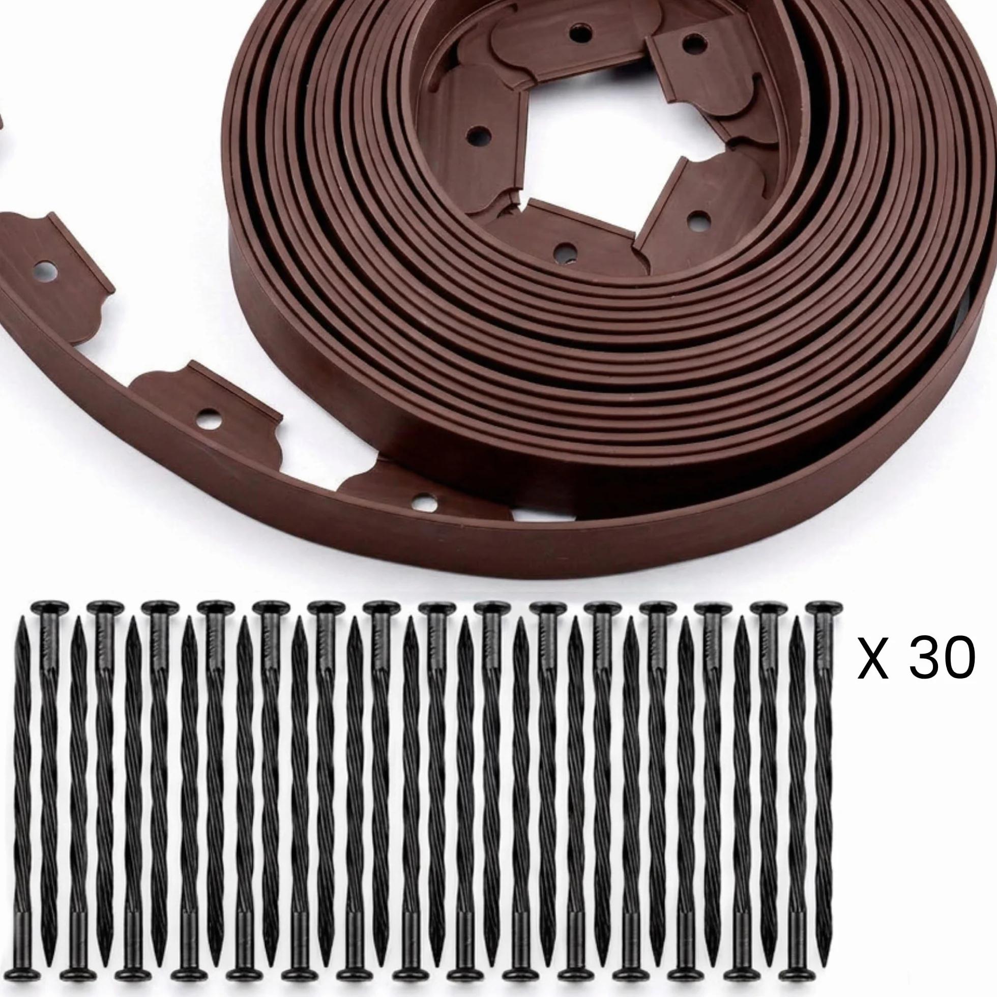 Ediesi, Bordura per giardino 10 m flessibile, bordo aiuole plastica resistente 5 mm, bordatura giardino per prato vialetti, installazione facile con 30 picchetti (Marrone, 10 metri)