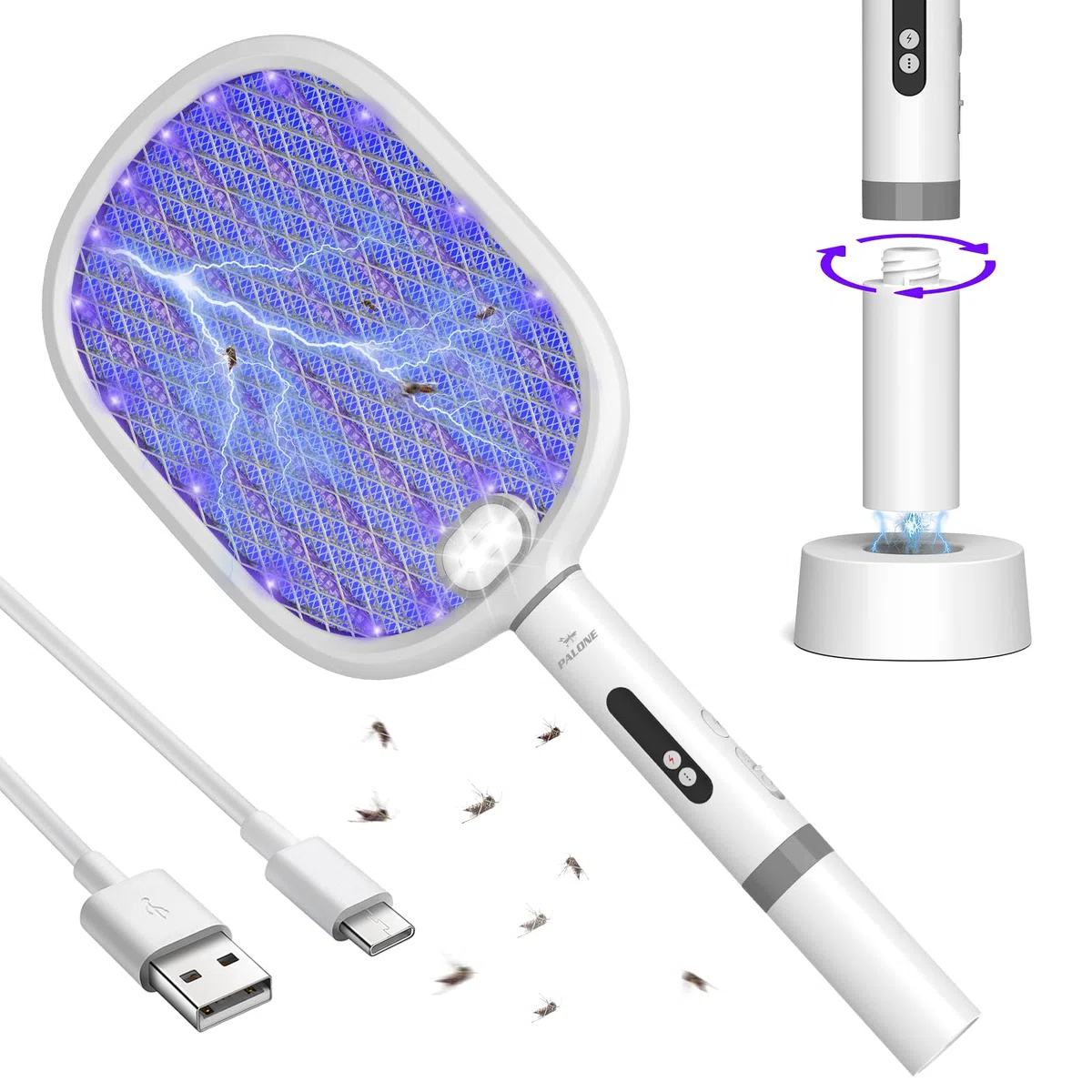 PALONE Racchetta Zanzare Elettrica 4000V con 2 Type-C, Portatile Ricaricabile 1800mAh Scacciamosche Elettrico Rimovibile, Notte LED & Base di Ricarica USB C