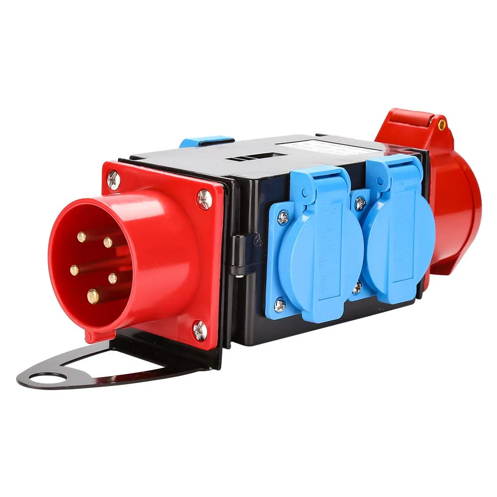 Randaco Distributore di corrente ad alta corrente, CEE, 400 V/16 A+3 x 230 V, presa di contatto, distributore di corrente industriale a 5 pin, IP44, con tappo di sicurezza per cantiere