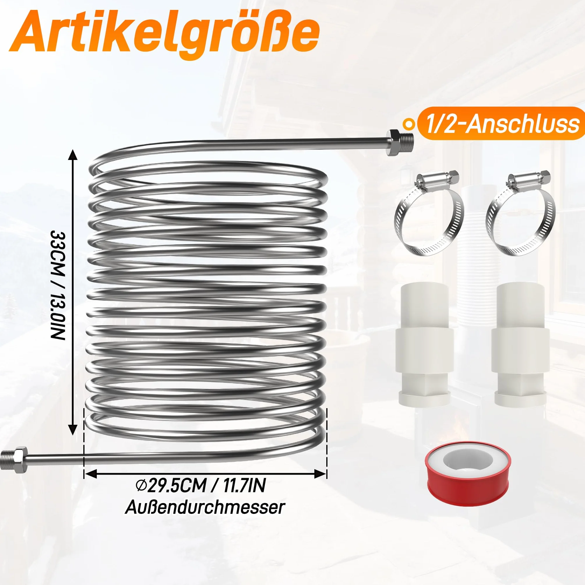 Aufun Spirale riscaldante per piscina in acciaio inox 304, diametro esterno 29,5 cm, attacco da 1/2", avvolgimento multiplo per riscaldamento rapido dell'acqua, stufa a legna e barile per il fuoco