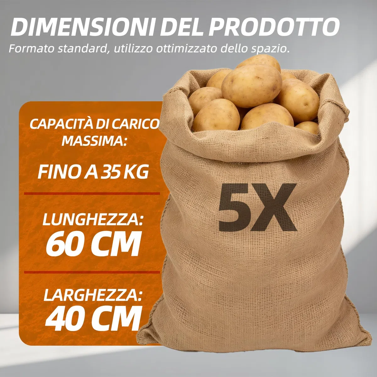 Sacchi di iuta naturale, per patate, doppio ritorto, 60 x 40 cm, confezione da 5