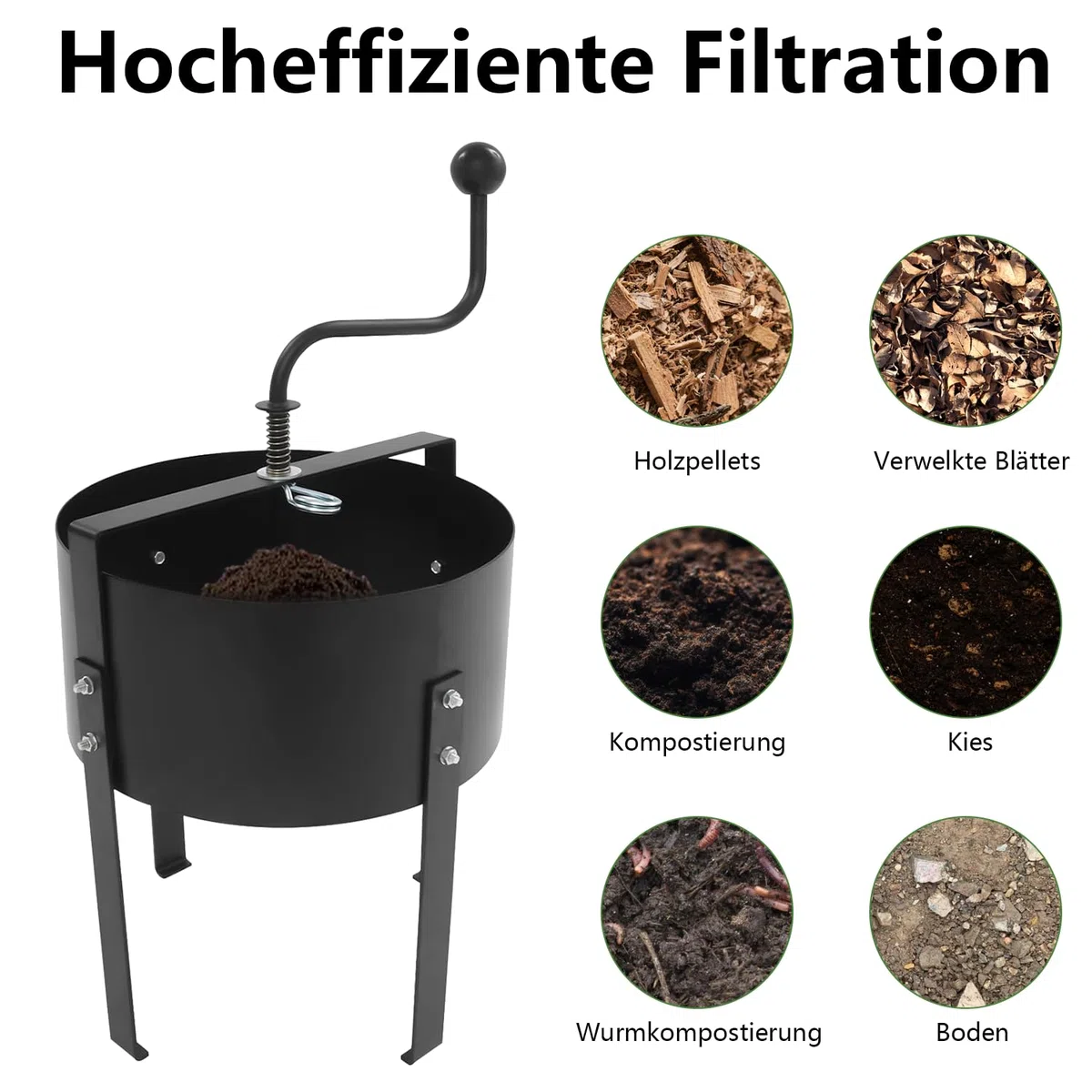Colino da giardino a manovella in metallo, Ø 30 cm, con 4 setacci (3/6/9/12 mm), efficace filtro per terra, pietre, sabbia, compost, erbacce, colino intercambiabile per giardinaggio