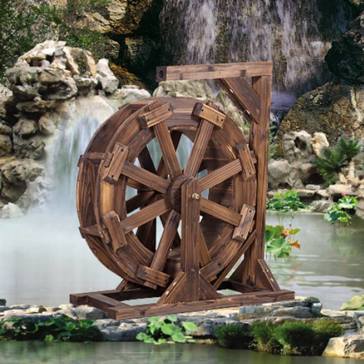 Fontana con ruote d'acqua in legno, fontana con ruote in legno per esterni, stagno ornamentale rustico vintage, balcone decorativo per esterni e interni, per giardino, patio, cortile, portico