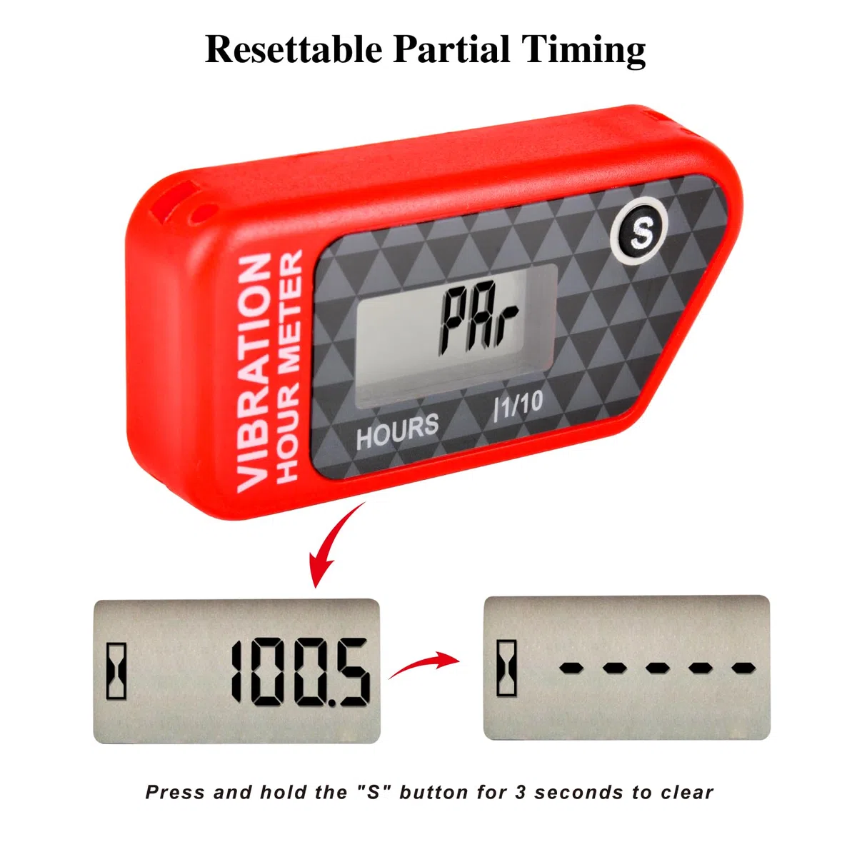 NInE-ROnG LCD Contaore a vibrazione impermeabile IP68 per motori, Rosso | Senza cablaggio, ore totali non azzerabili, timer TMR azzerabile, 3 livelli di sensibilità, blocco per trasporto, 99.999 h