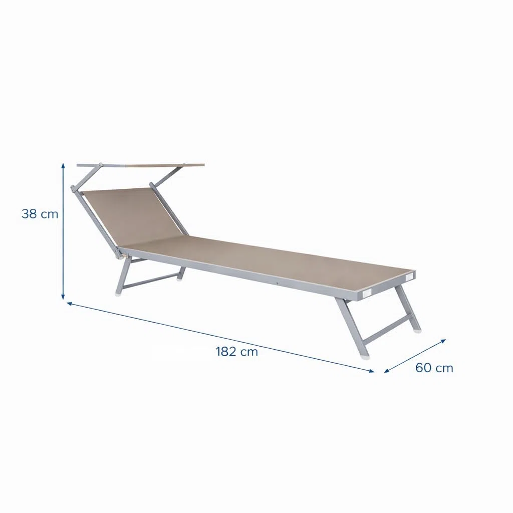 Bricozone Lettino Pieghevole Prendisole in Alluminio e Tessuto Textilene Professionale con Tettuccio Parasole Orientabile 182 x 60 x 38 cm Sdraio per Mare Spiaggia Piscina Giardino Tortora