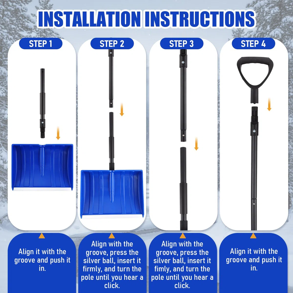 Lasnten 4 pala da neve per vialetto, lunga 122 cm, portatile, grande capacità, con impugnatura a D, in metallo resistente, pieghevole, strumenti invernali per auto, vialetto, casa, garage