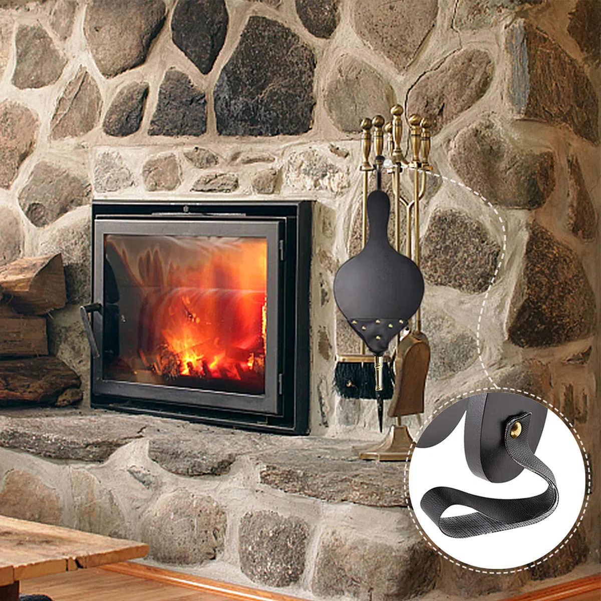 Mantice per Camino 40 cm, Grande Soffietto in Legno per Camini e Grill Soffiatore ad Aria Manuale Wooden Fire Naturale per Camino Campeggio Barbecue con Cinturino