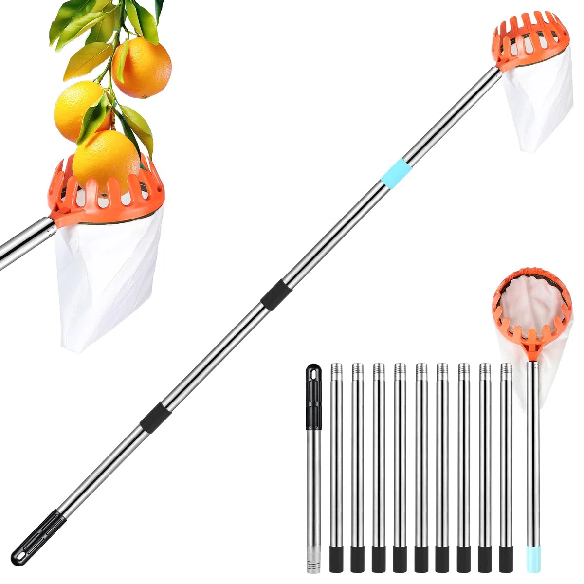 DBREAKS Raccogli Frutta, 4,2M Raccogli Mele con Manico Telescopico, Palo Leggero Raccogli Frutta, Cestino con Sacchetto di Cotone, Prugne, Raccoglitore di Ciliegie
