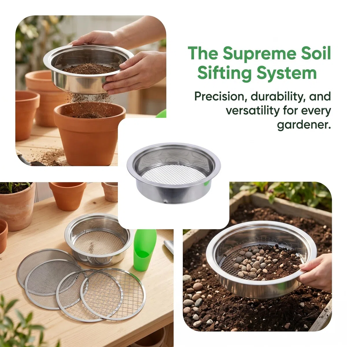 Lurrose 1 Set Setaccio da giardino per terriccio con rete di ricambio e paletta in plastica (fori da 1, 3, 6, 9, 12 mm) - Setaccio rotondo in acciaio inossidabile per roccia, compost, terra, spiaggia