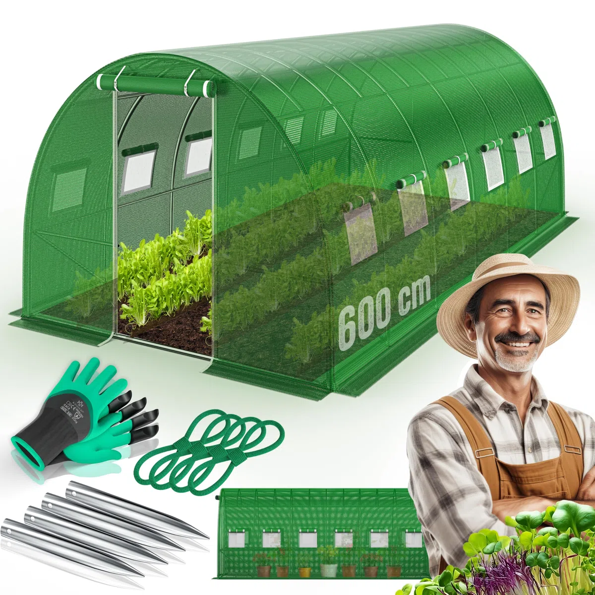 KESSER® Serra stabile con 12 finestre con zanzariera e porta, tunnel da giardino con telaio in acciaio zincato, 170 g/m², con guanti e corde, 600 x 300 cm, verde