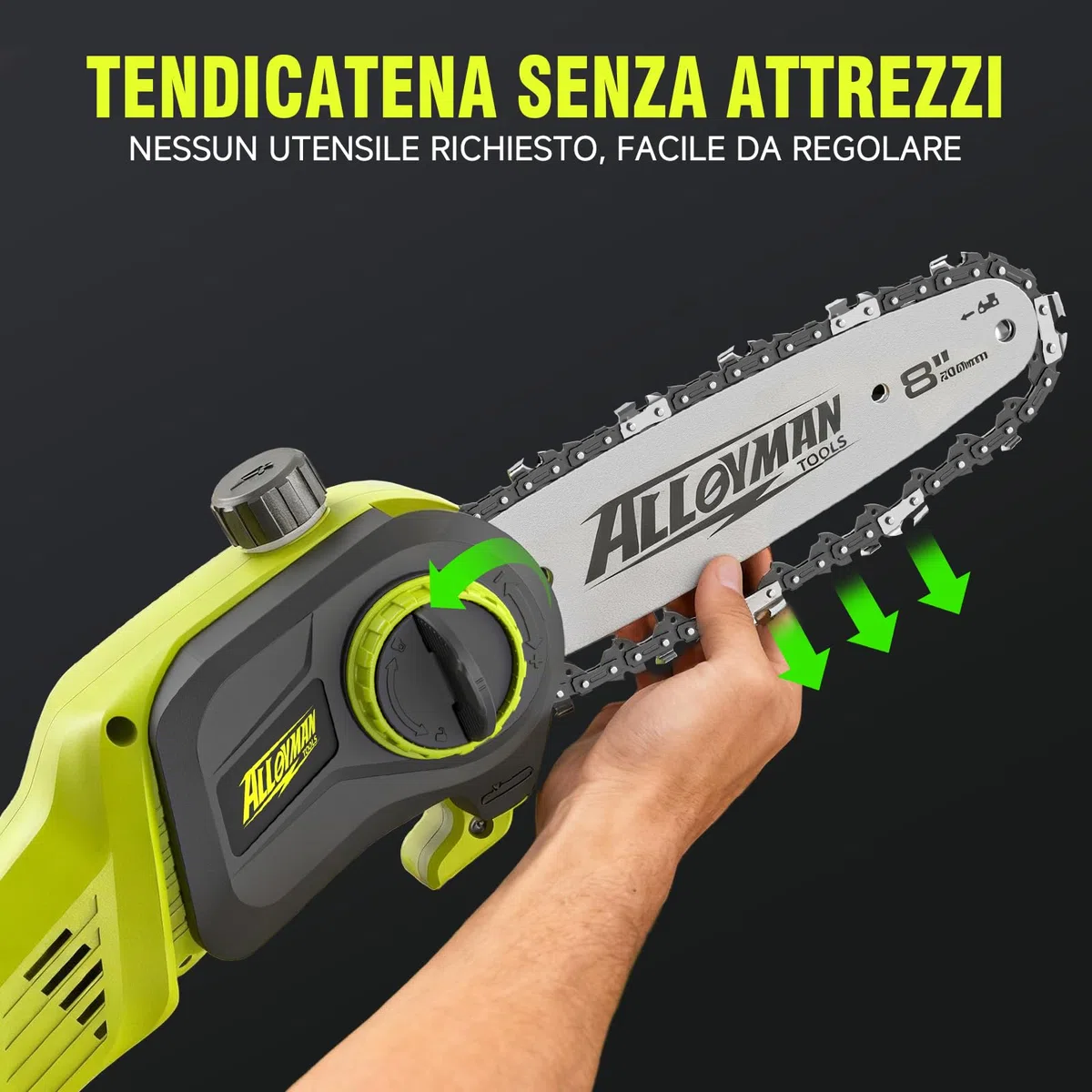 Alloyman Potatore Telescopico a Batteria 20V MAX, sega potatrice elettrica, Sega ad Asta a Batteria, 2 x 4,0 Ah e caricabatterie, Lama da 20 cm, 4KG, Velocità 5,5 m/s, Lubrificazione Automatica