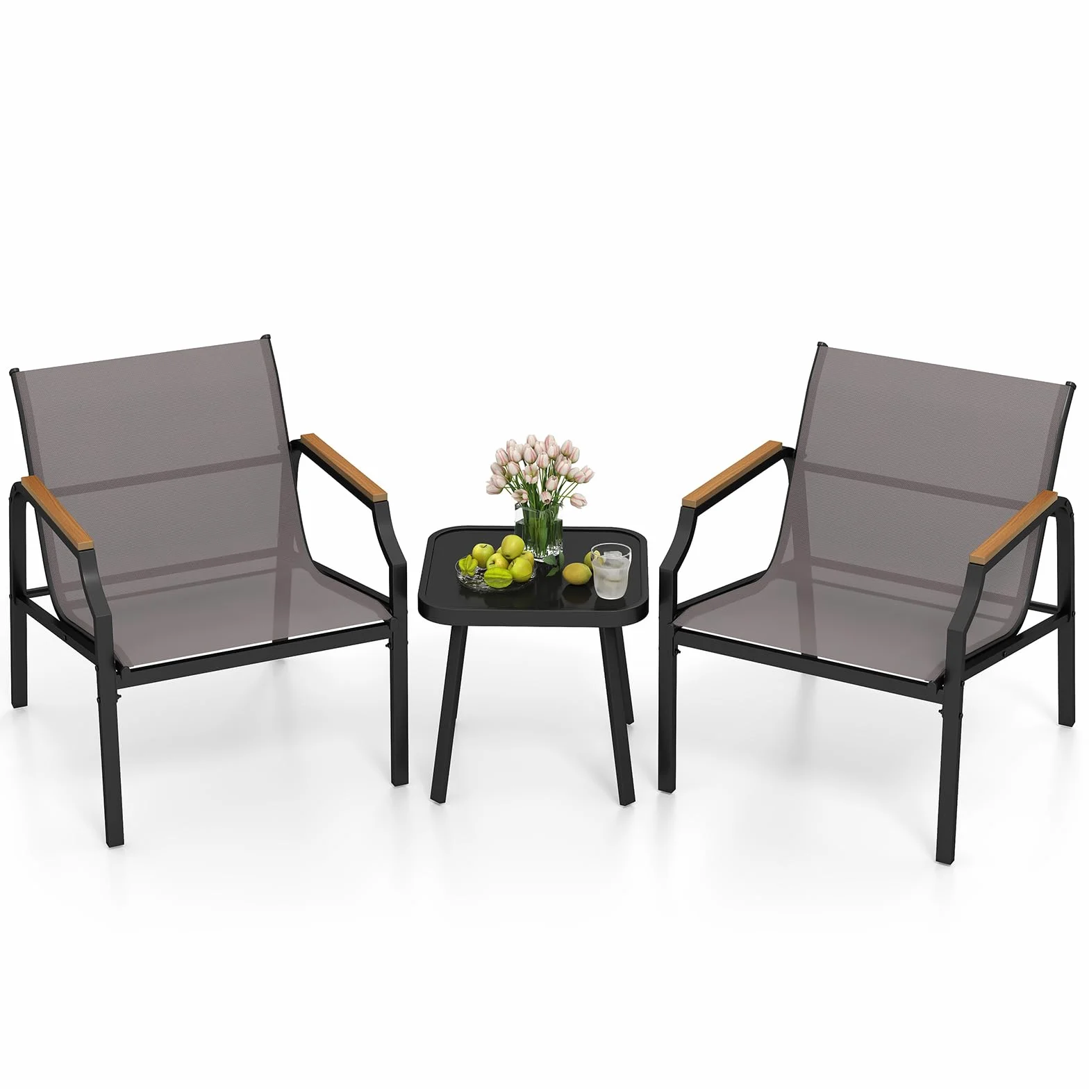 RELAX4LIFE Tavolo da Giardino con Sedie, Tavolino Salotto con Piano in Vetro Temperato e 2 Poltrona Moderne in Tessuto Traspirante, Set Bistrò 3 Pezzi per Terrazza/Patio/Balcone, Portata 150KG+50KG