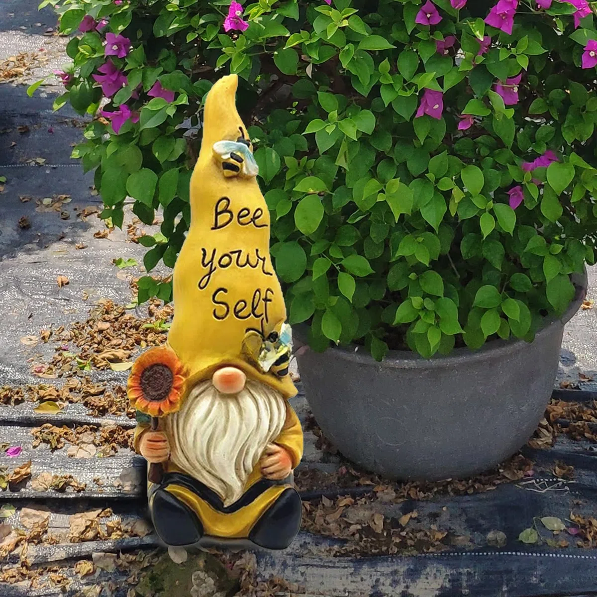 GNOME Elf Statua da giardino, in resina, nano da giardino con cappello, graziosa figura da giardino per aiuola, terrazzo e prato 14 * 9.5 * 24.5 cm (Girasole giallo)