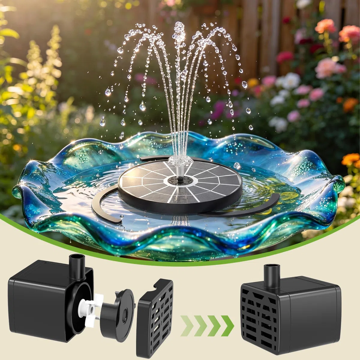 AISITIN Fontana solare per esterni, aggiornata, 3,7 W, per esterni, con 4 effetti di spruzzo, pompa solare per laghetto, fontana galleggiante per giardino, bagno di uccelli, stagno, gioco d'acqua