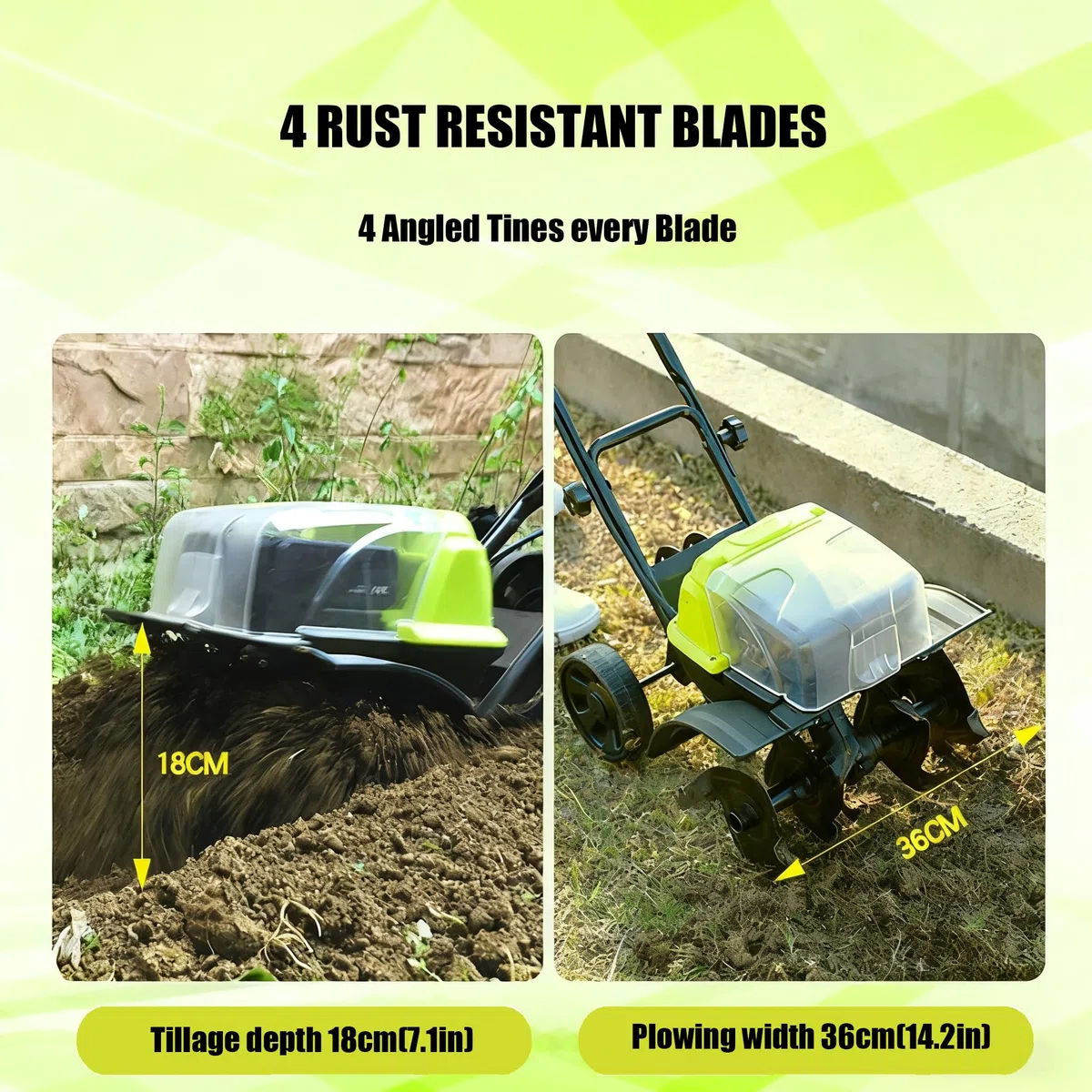 Motocoltivatore Elettrico da Giardino, Motozappa Elettrica a Batteria, Larghezza di Lavoro 35,6 Cm, profondità di Lavoro 18 Cm, con Doppio Interruttore di Sicurezza On/off