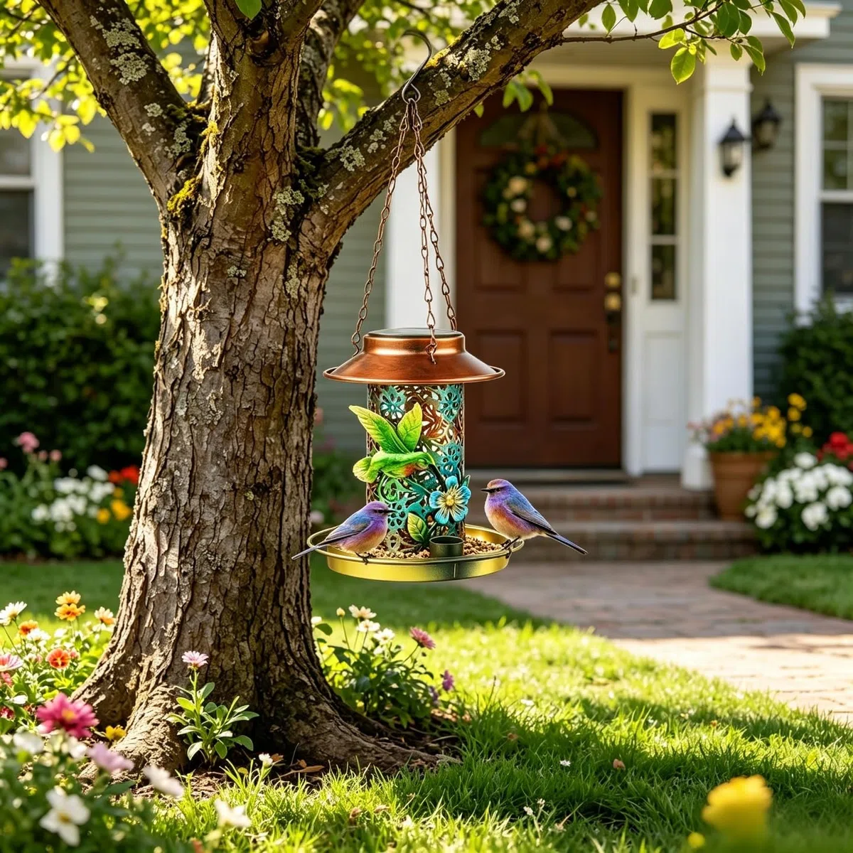 Mangiatoia solare per uccelli per esterni, in metallo resistente, da appendere, con luce per giardino, cortile, esterno, regalo decorativo a forma di lanterna unica