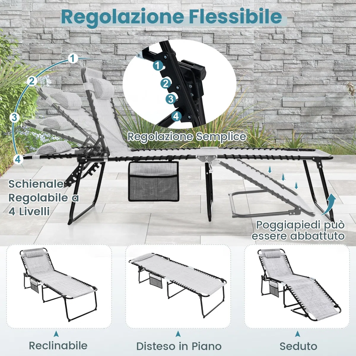 COSTWAY Lettino Prendisole da Giardino, Sedia a Sdraio Pieghevole con Schienale Regolabile, Cuscino Staccabile, Tasca, Portata 200 kg, 168-188 x 69 x 41-86 cm (Grigio)
