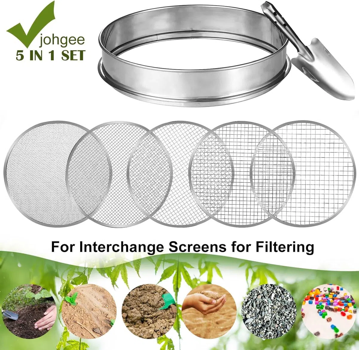 Set di Setaglio da Giardino Rotondo 30cm in Acciaio Inox con 5 Setacci Intercambiabili di 3/6/9/10/12mm, Attrezzi da Giardino per Setacciare Terreni, Semi, Pietre e Compost, Comprese Pale