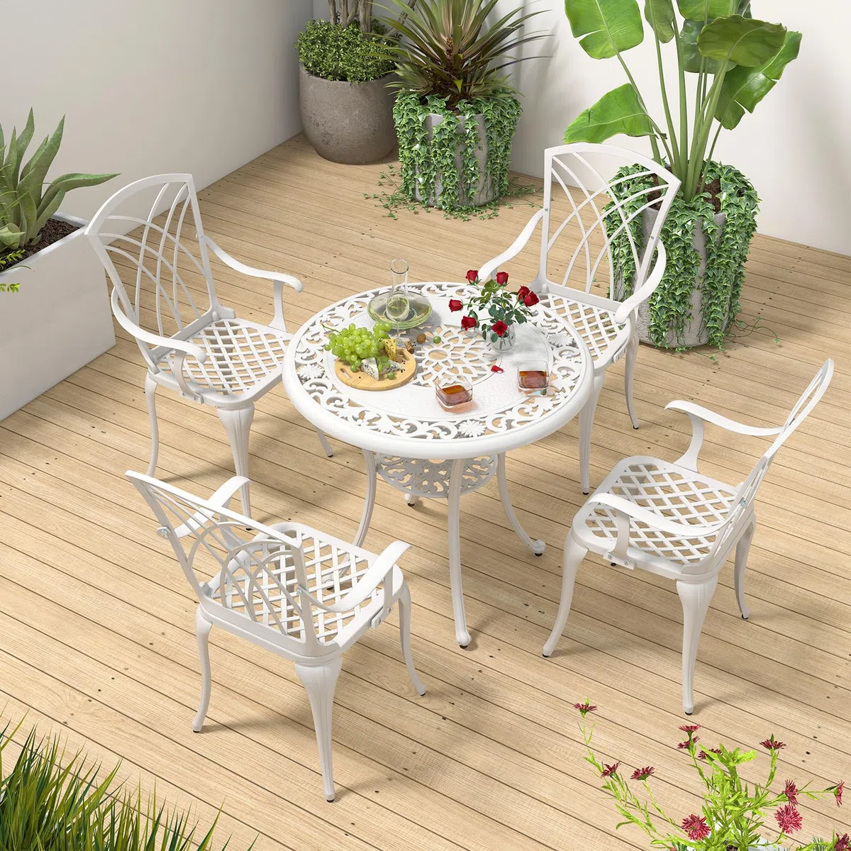 GIANTEX Soggiorno da giardino esterno, tavolo da giardino con sedia in ghisa di alluminio, tavolo da bistrot 5 pezzi per 4 persone, foro dell'ombrellone Dia.5 cm, tavolo rotondo per terrazza, balcone