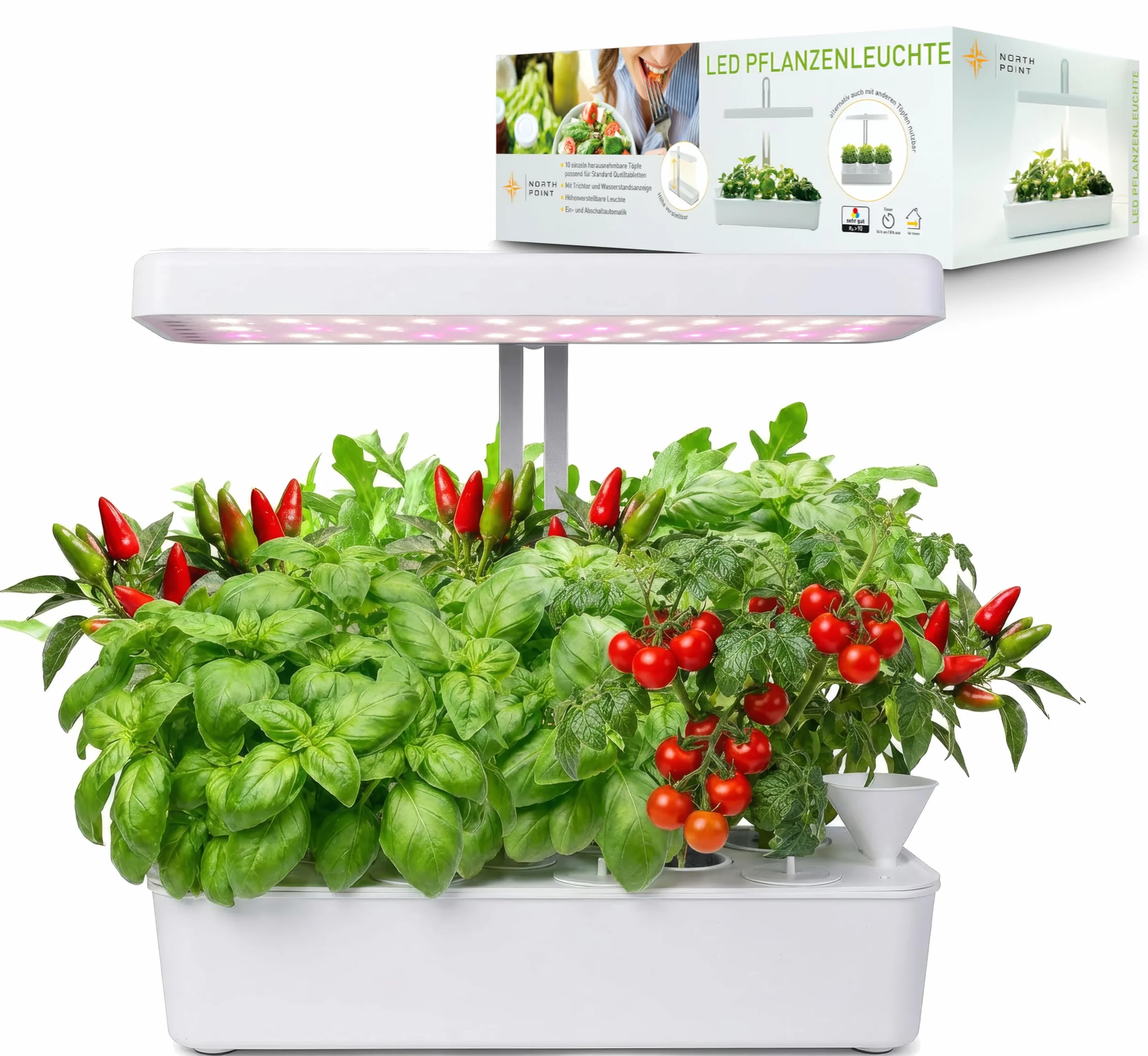 Northpoint Sistema di coltivazione idroponica a LED, lampada per piante, per giardino di erbe aromatiche, lampada da serra, 22 W, 1350 lumen, 10 piantine, altezza regolabile, timer
