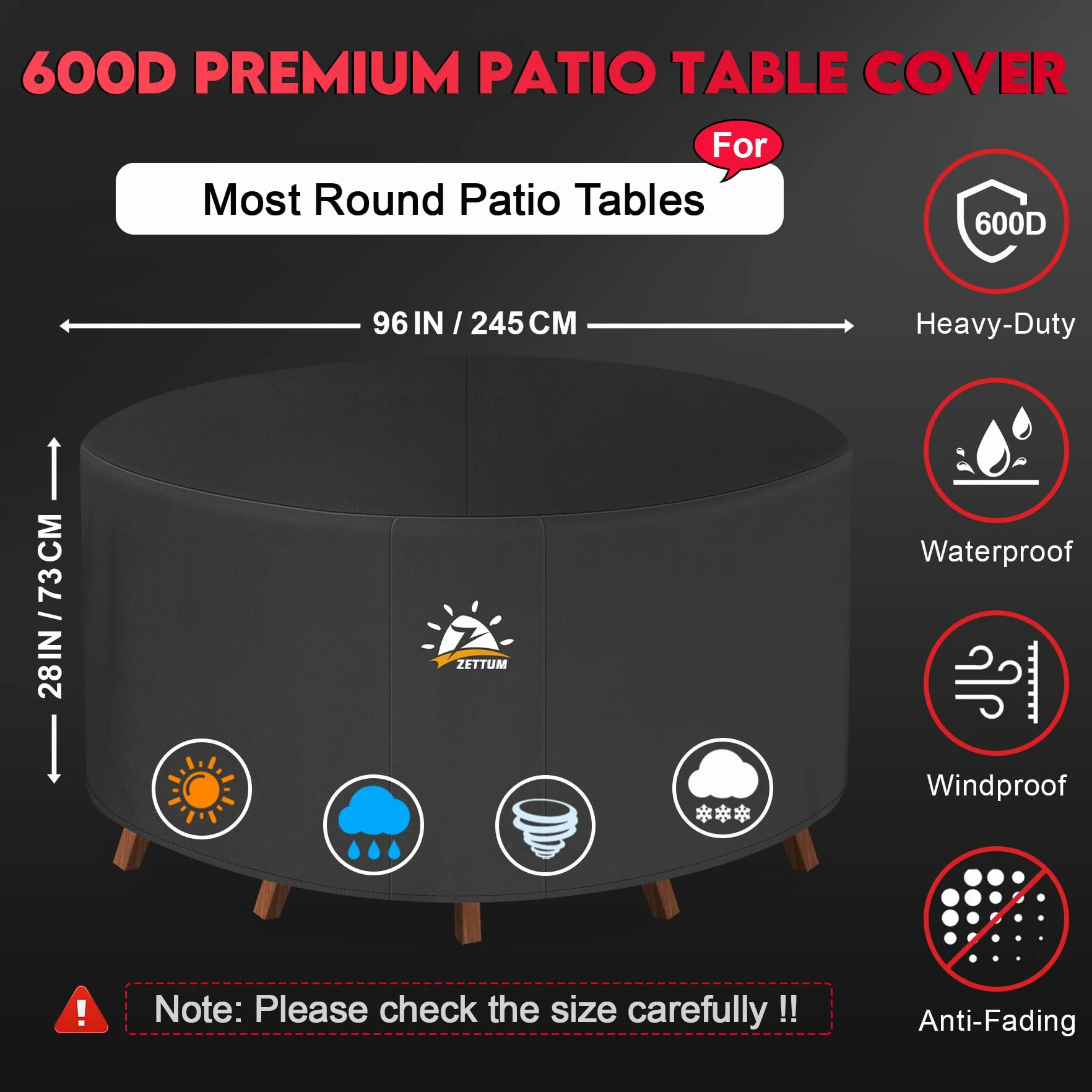 Zettum Copertura Rotonda per Mobili da Giardino Ø245 x 73 cm, Copertura per Tavolo da Esterno 600D, Impermeabile e Resistente, per Set Arredo Giardino da Pranzo da Esterno