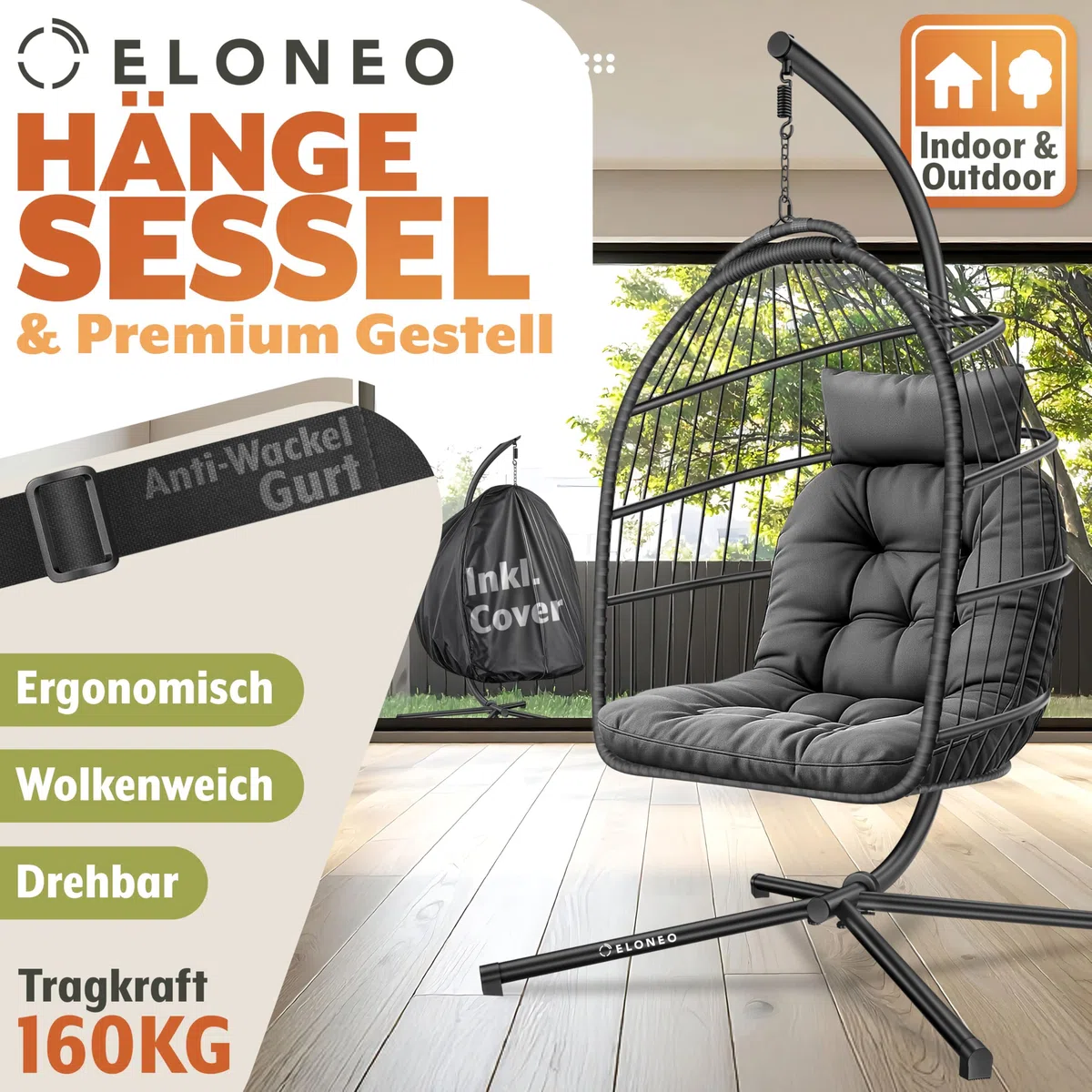 Sedia sospesa ELONEO con supporto e cuscino premium, sedia sospesa per esterno e interno con copertura, altalena sospesa per esterno con capacità di carico fino a 160 kg, hanging chair, antracite