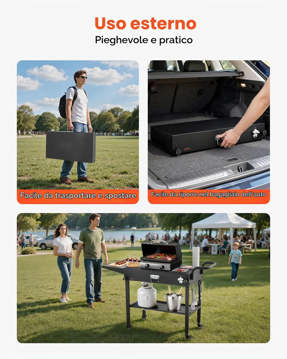 VEVOR Carrello per Griglia da Esterno Tavolo da Griglia da 787 x 432 mm Pieghevole per Esterni con Porta Fazzoletti, Ganci, Ruote, Tavolino Laterale, Tavoli per la Preparazione del Barbecue