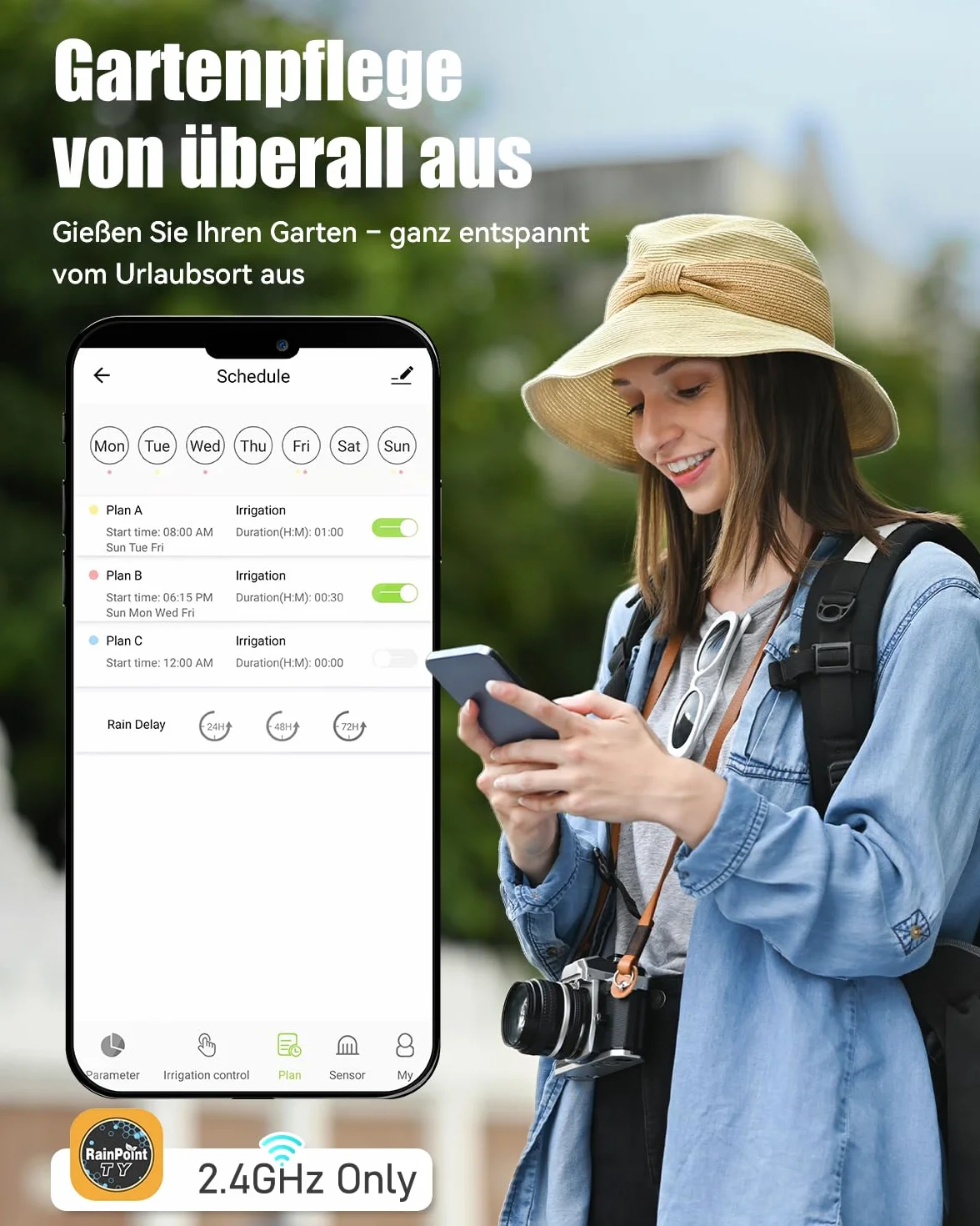 RAINPOINT Timer Irrigazione WiFi 2 Vie, Ingresso in Ottone, Smart Centralina Irrigazione con Controllo App/Vocale, Irrigazione Basata Sull'umidità del Terreno/Meteo, per Prato/Giardino/Serra
