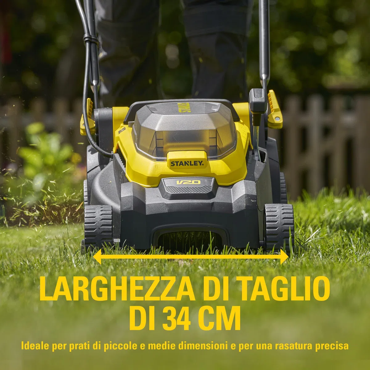 STANLEY V20 Cordless Brushless 34cm Walk-Behind Mower, include batteria Li-Ion 4Ah e caricatore 2A, 18V, SCMWP3401M1-QW