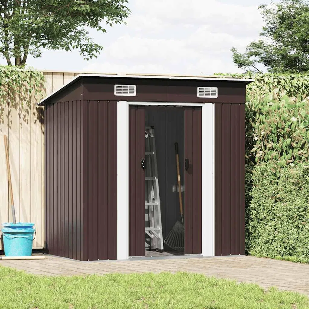 vidaXL Capanno per Attrezzi da Giardino Ventilato Ingresso a Scorrimento Robusto Casetta da Esterno Magazzino Marrone 194x121x181 cm in Acciaio