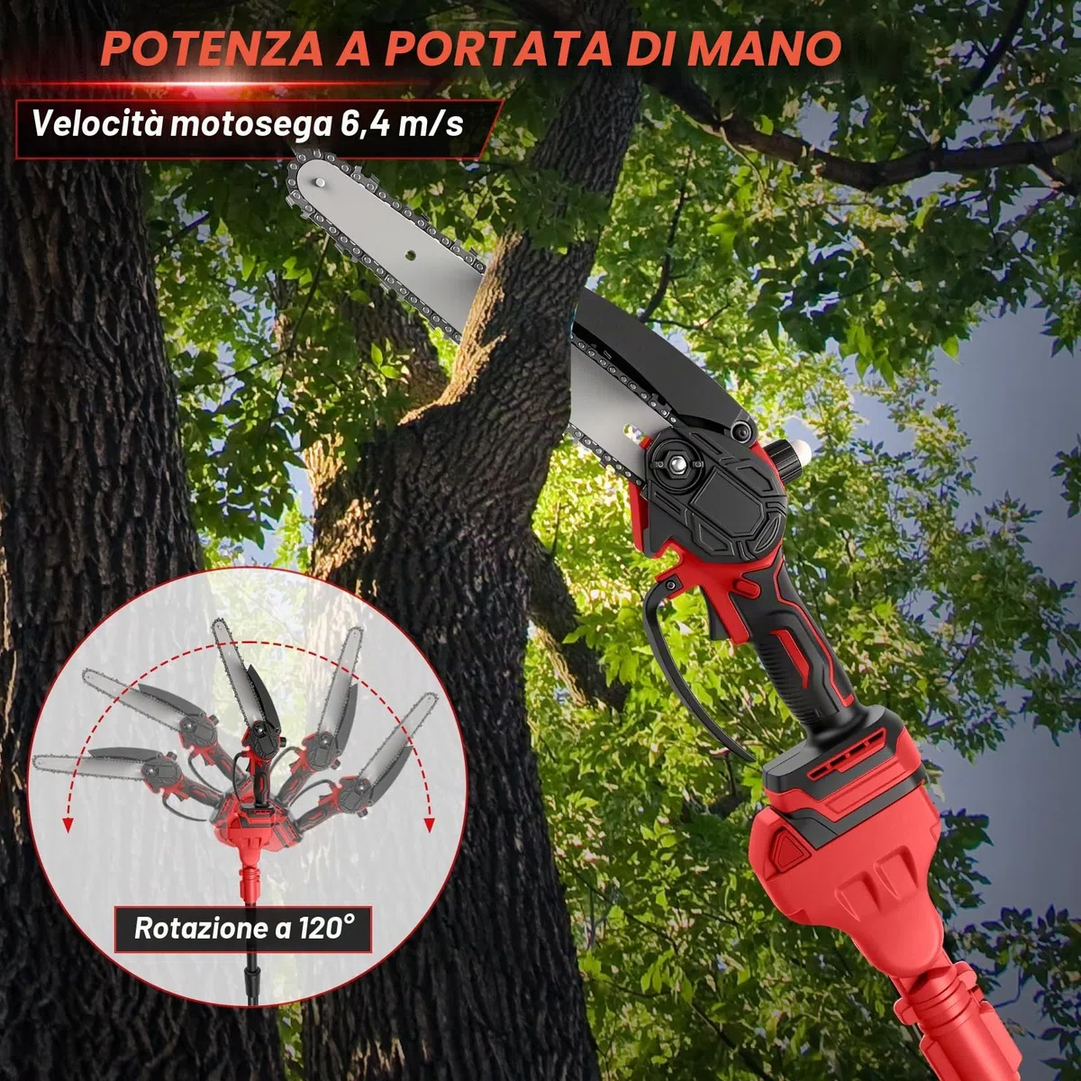 Mini motosega da 8 pollici con asta telescopica e cesoie elettriche da 28 mm, set di attrezzi da giardino 4 in 1, compatibile con batteria Milwaukee da 18 V, portata massima fino a 4 m (senza batteria