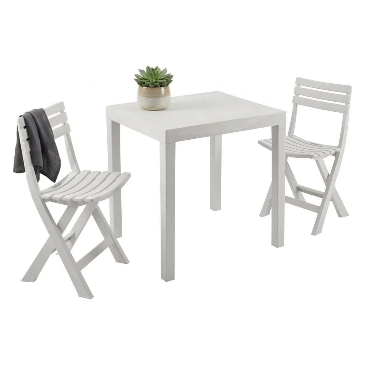 Dmora - Set salotto da esterno Ortisei, Composizione da giardino con 1 tavolo rettangolare e 2 sedie pieghevoli, Salottino indoor e outdoor da Pic Nic, 100% Made in Italy, Bianco