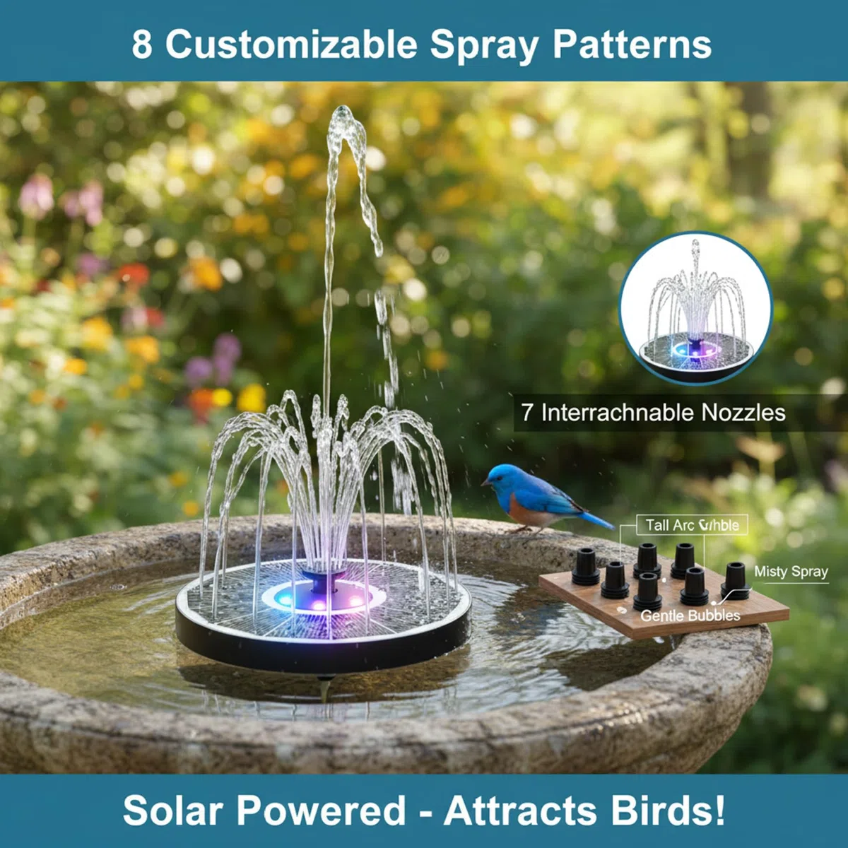 Fontana ad energia solare con luci LED colorate, fontana solare da 40 cm per abbeveratoio per uccelli, decorazione da giardino esterno, fontane galleggianti RGB con 6 ugelli a spruzzo, acqua