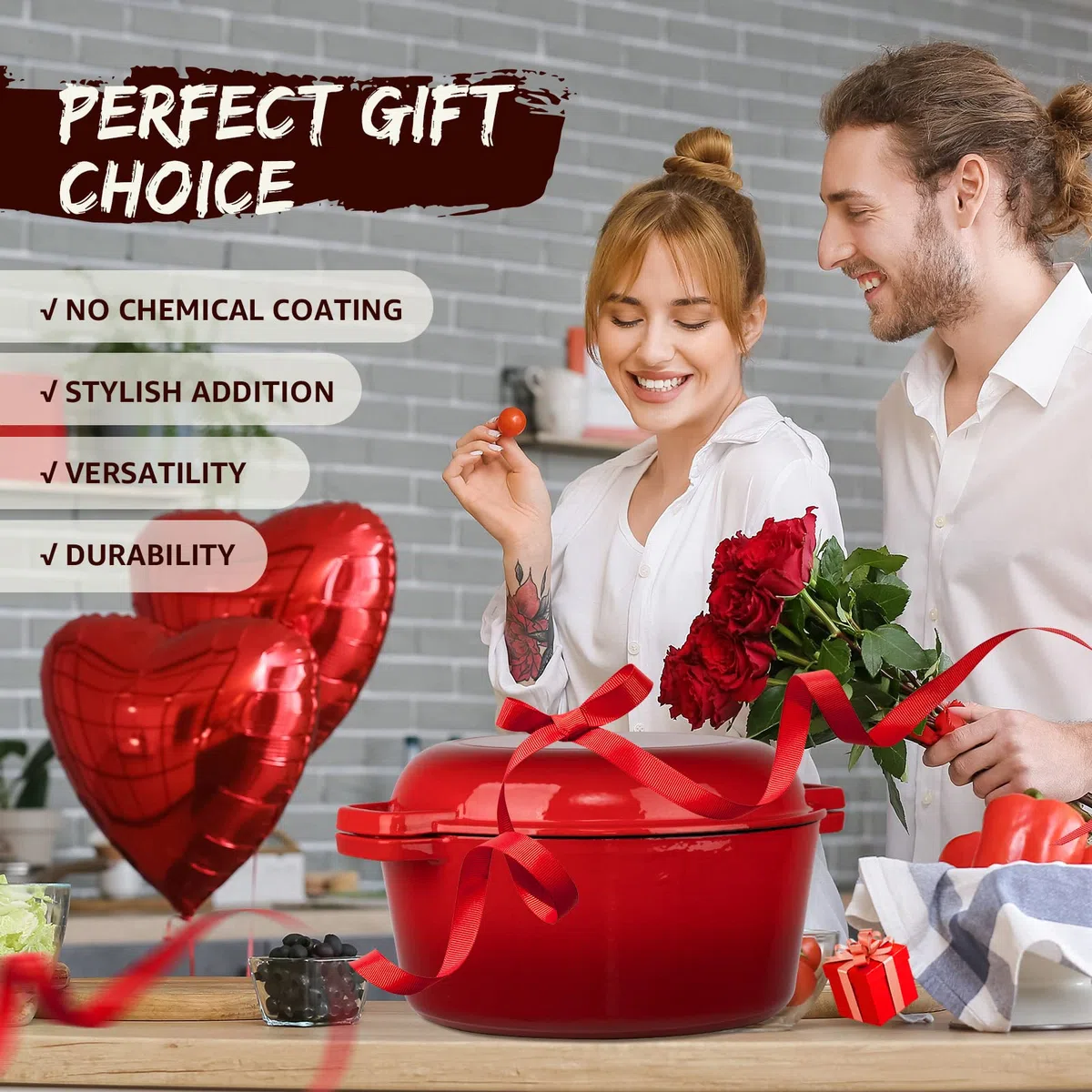 Overmont Forno olandese 2 in 1 in ghisa smaltata con coperchio e libro di cucina per induzione, elettrico, grill, piano cottura, cottura del pane (5 quarti)