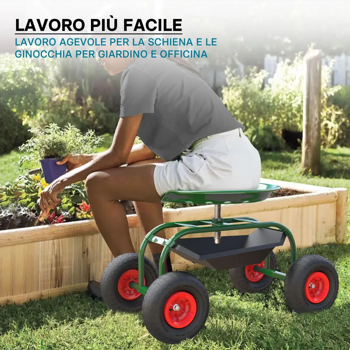 Wiltec Sgabello da Giardinaggio e Officina con Ruote e Porta Oggetti, Sgabello a Carrello, Portata 150 kg