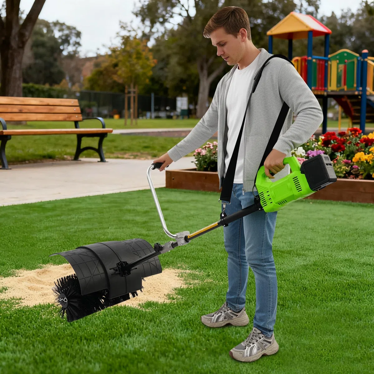 Spazzolino elettrico 2 in 1 con soffiatore, spazzole, batteria al litio e tracolla, spazzaneve portatile per cortile/viali/giardino/rimozione della neve