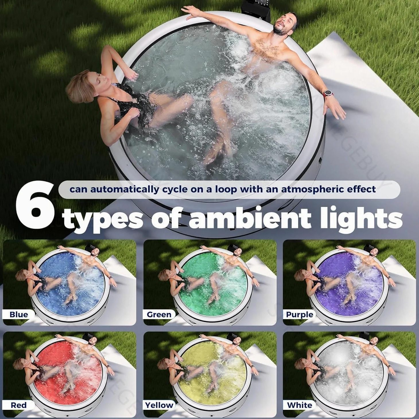 Vasca idromassaggio portatile in PVC a prova di perdite, riscaldamento rapido per 4-6 persone, facile installazione per rilassarsi in giardino e patio, 6 modalità di illuminazione, 200 x 70 cm