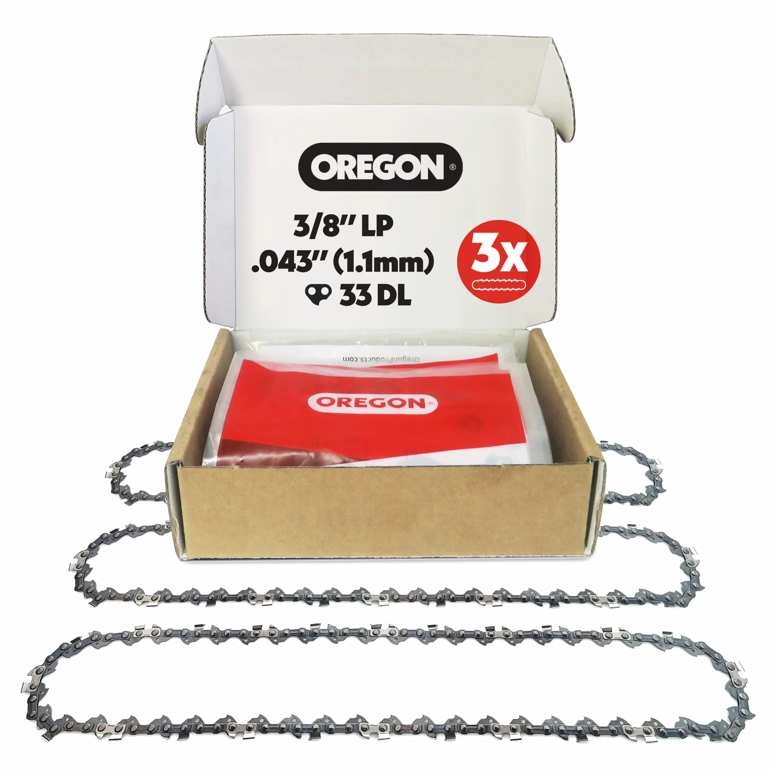 Oregon Confezione da 3 Catene per Motosega con Passo LP da 3/8", Calibro .043" (1,1 mm) Adatti a Barra da 8" (20 cm), con 33 Maglie di Trasmissione, Compatibile con Bosch, Ryobi, Worx e altro ancora