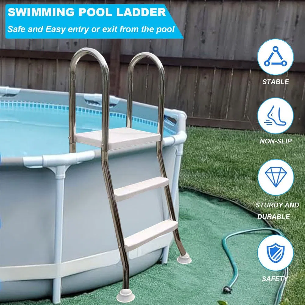 Scala per piscina fuori terra, telaio in acciaio inox resistente a 2 gradini per pareti da 83,8 cm, ingresso e uscita antiscivolo con piedini rotanti, 85 cm