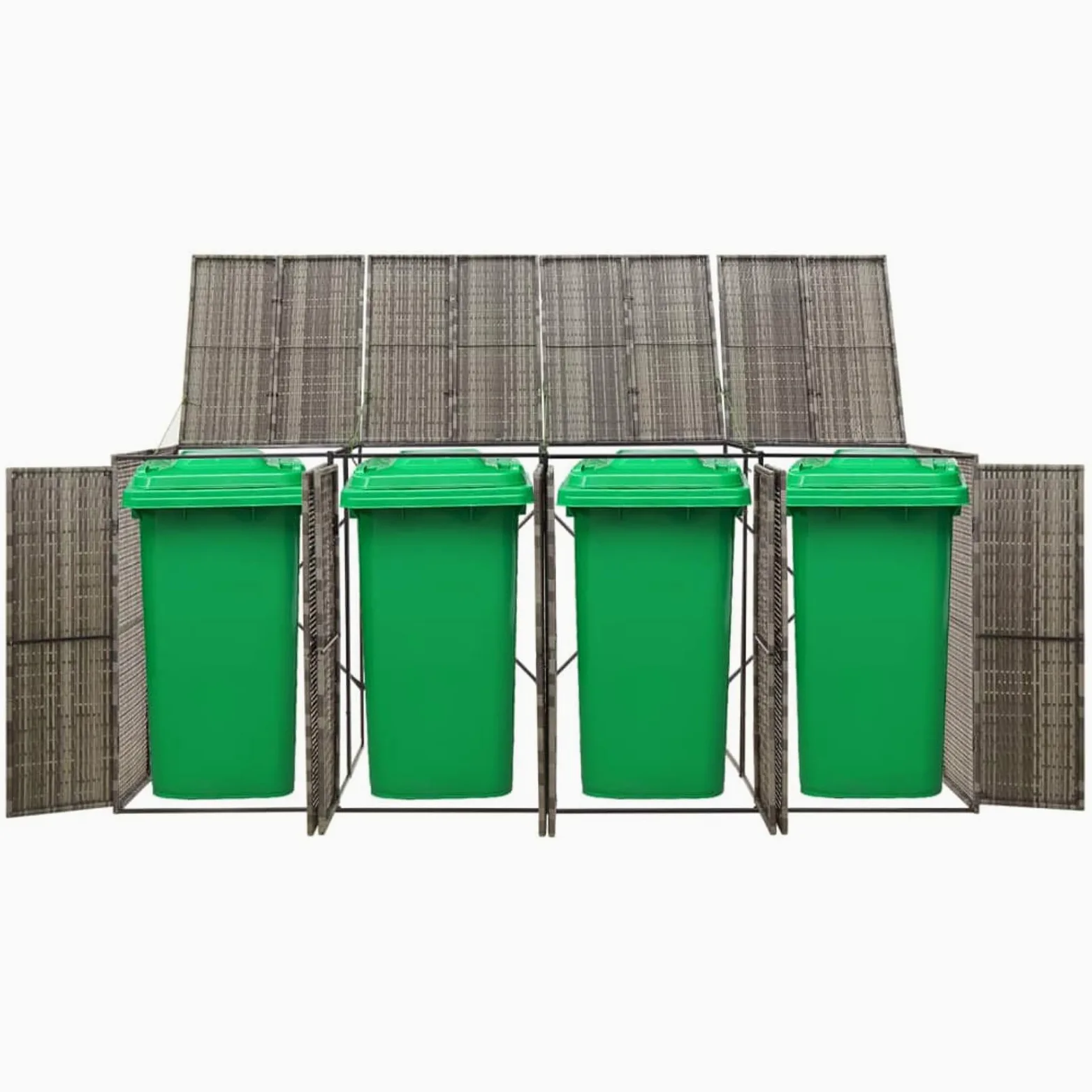 IKAYAA Copri bidoni Spazzatura Esterno 4 posti Bidoni Differenziata Esterno Nascondi bidoni immondizia Esterno Copertura per Bidone in Polyrattan-Grigio-4 Bidoni