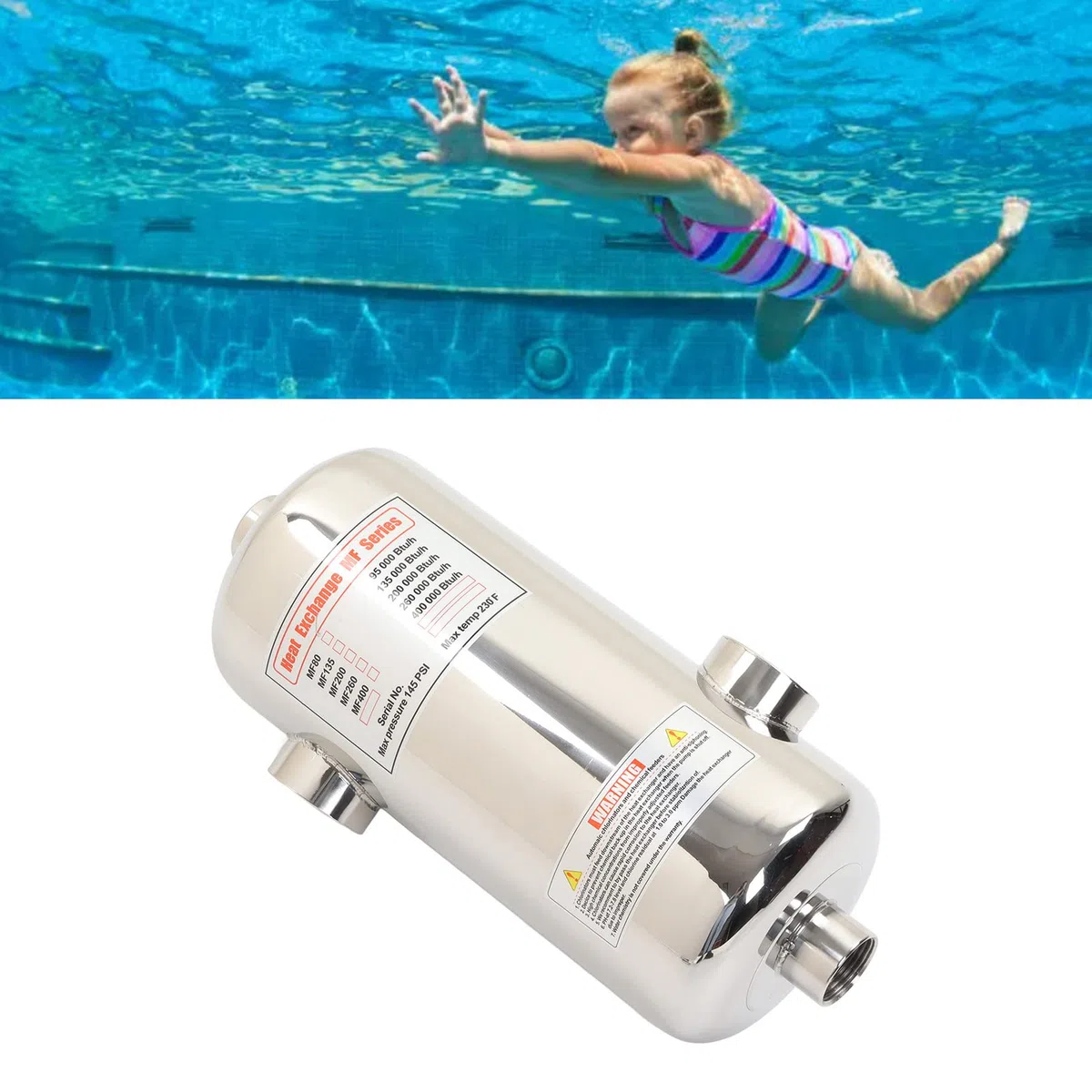Fockety Scambiatore di Calore per Piscina, Scambiatore di Calore a Guscio Tubolare in Acciaio Inossidabile da 40 KW, Scambiatore di Calore Ad Acqua Salata per Spa, Vasca Idromassaggio