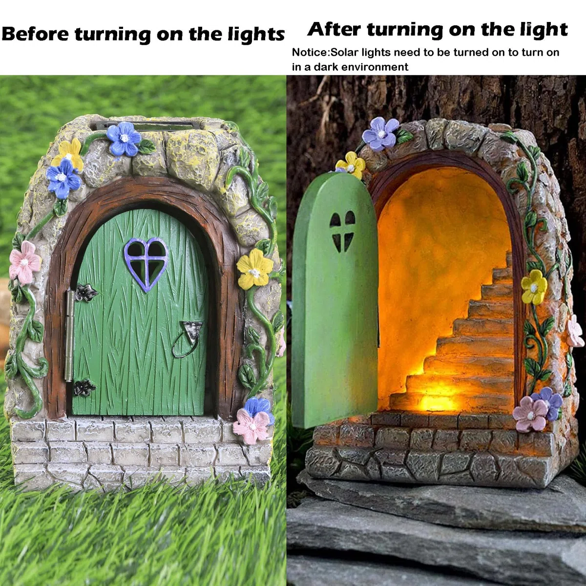 Statue da Giardino Solare con Luce Calda,Porta Delle Fate,LED Gnomo in Miniatura per la Casa in Ornamentale di Giardino Fatato Door,Elfo Folletto Sculture di Alberi Yard Decorazione per Esterni