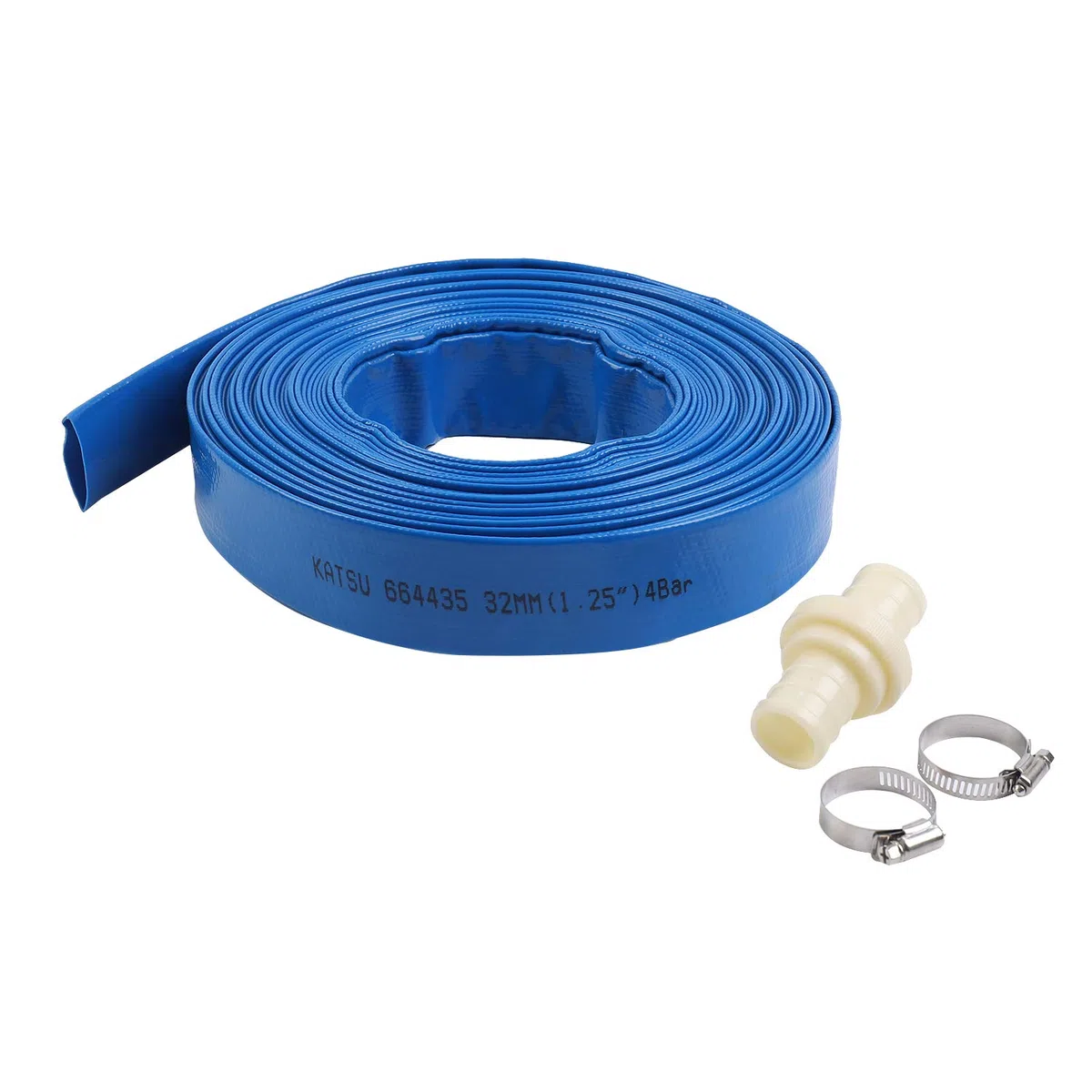 KATSU Tubo flessibile di scarico piatto 20 m x 32 mm, con 2 Clip e Connettore, per Pompe Sommerse e Altre Pompe dell'Acqua, per Laghetti Drenanti, Irrigazione del Giardino, Piscina, Blu 664435