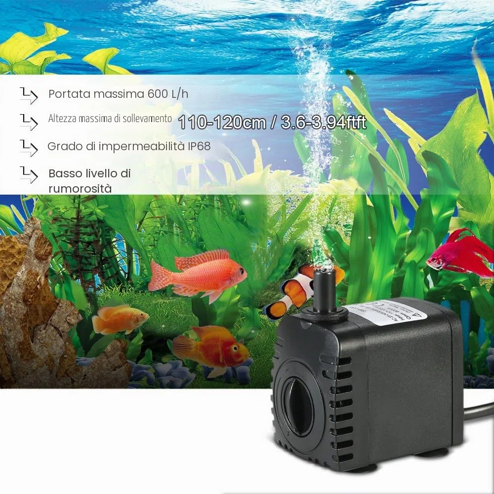Decdeal Pompa acqua sommergibile, 600 l/h 8 W, pompa acqua acquario ultra silenziosa con 4 piedi di ventose per fontane pesce serbatoio idroponico Systems con 2 ugelli