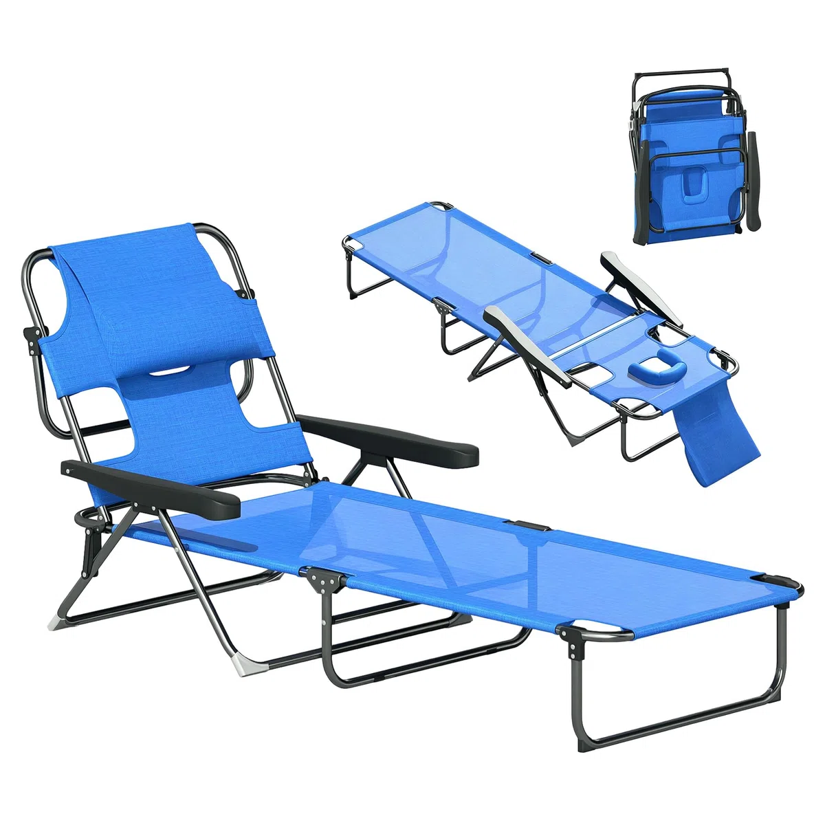 Outsunny Lettino da Sole Schienale Regolabile Sdraio Pieghevole Blu Scuro | a 4 Livelli, con Cuscino, Foro per il Viso, Tessuto Traspirante, Struttura in Acciaio