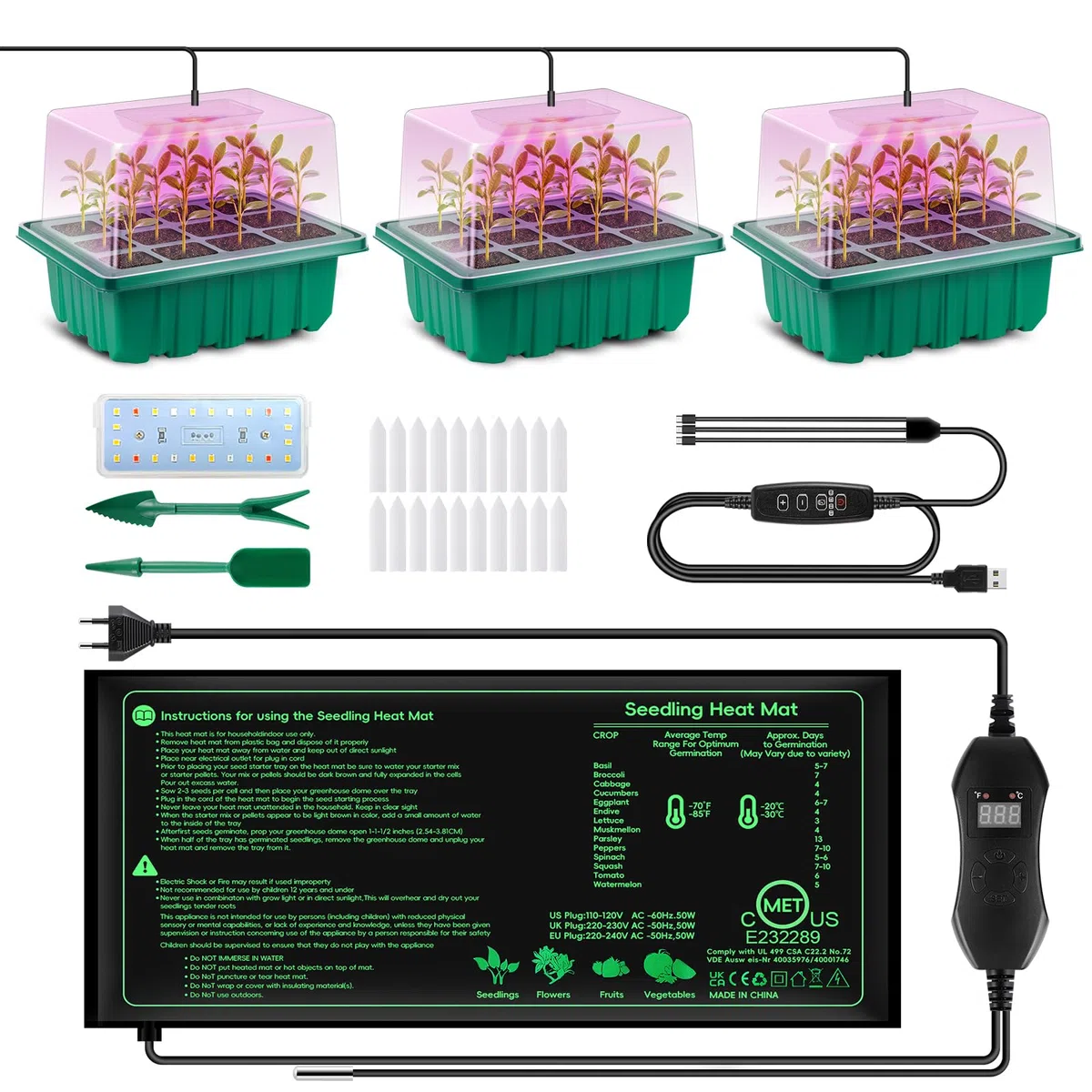 Verdenu Vassoio Germinazione con Tappeto Riscaldante, 3 Pacchetti Semenzaio con Luci di Crescita, Mini Serra Germinazione Riutilizzabile per Piante da Interno