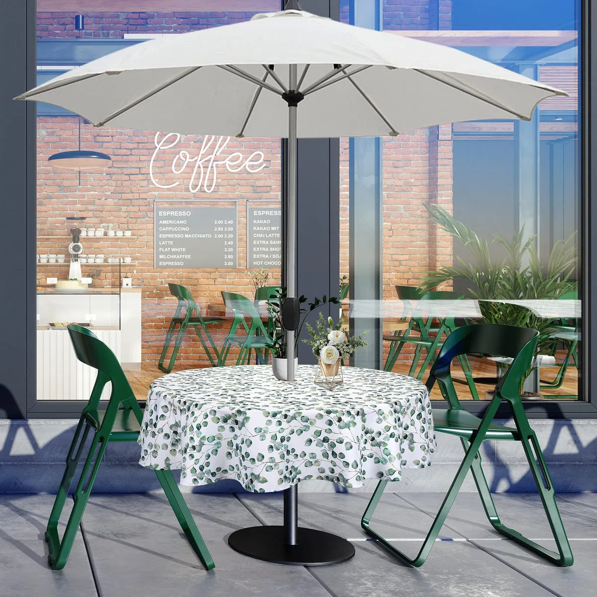 Qucover Tovaglia rotonda da esterni, 180 cm, in poliestere, motivo a foglie, lavabile, con foro per ombrellone e cerniera, per tavolo da giardino, barbecue, riunioni di famiglia, feste