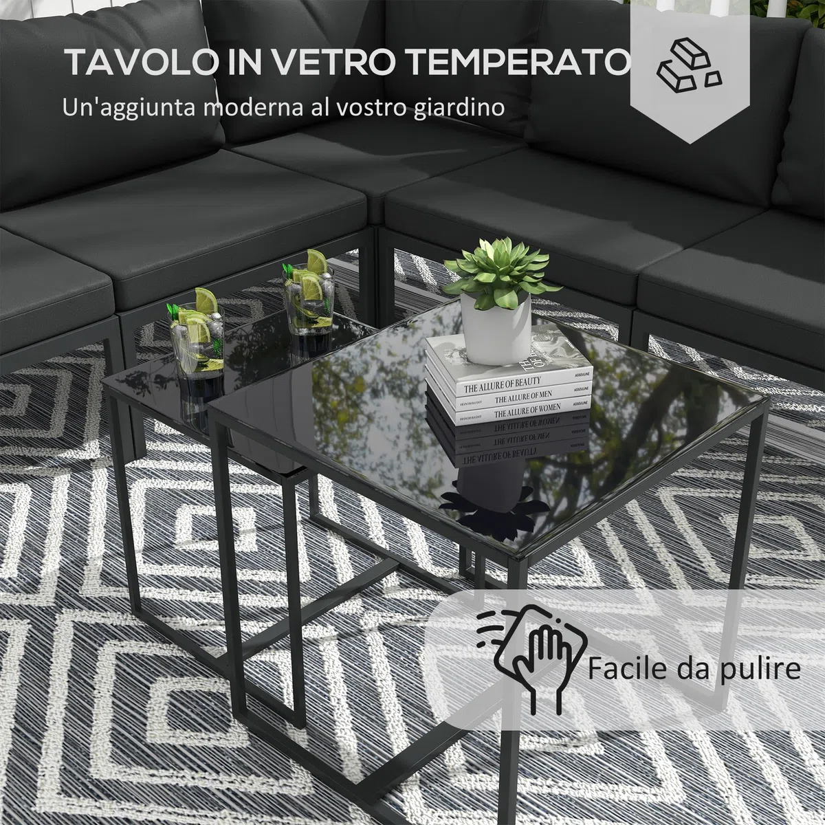 Outsunny Set Salotto da Giardino da 7 Pezzi 5 Poltrona da Esterno Grigio | 2 Tavolini da Caffè con Piano in Vetro, Cuscini, Set di Mobili in Acciaio e Poliestere