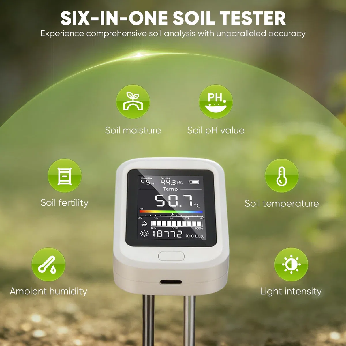 6-In-1 Misuratore del Terreno,Misuratore di Umidità per Piante,Sensore di Umidità del Suolo,Misuratore del PH del Terreno,Igrometro per Piante e Tester del Terreno per Prato,Giardino e Piante in Vaso