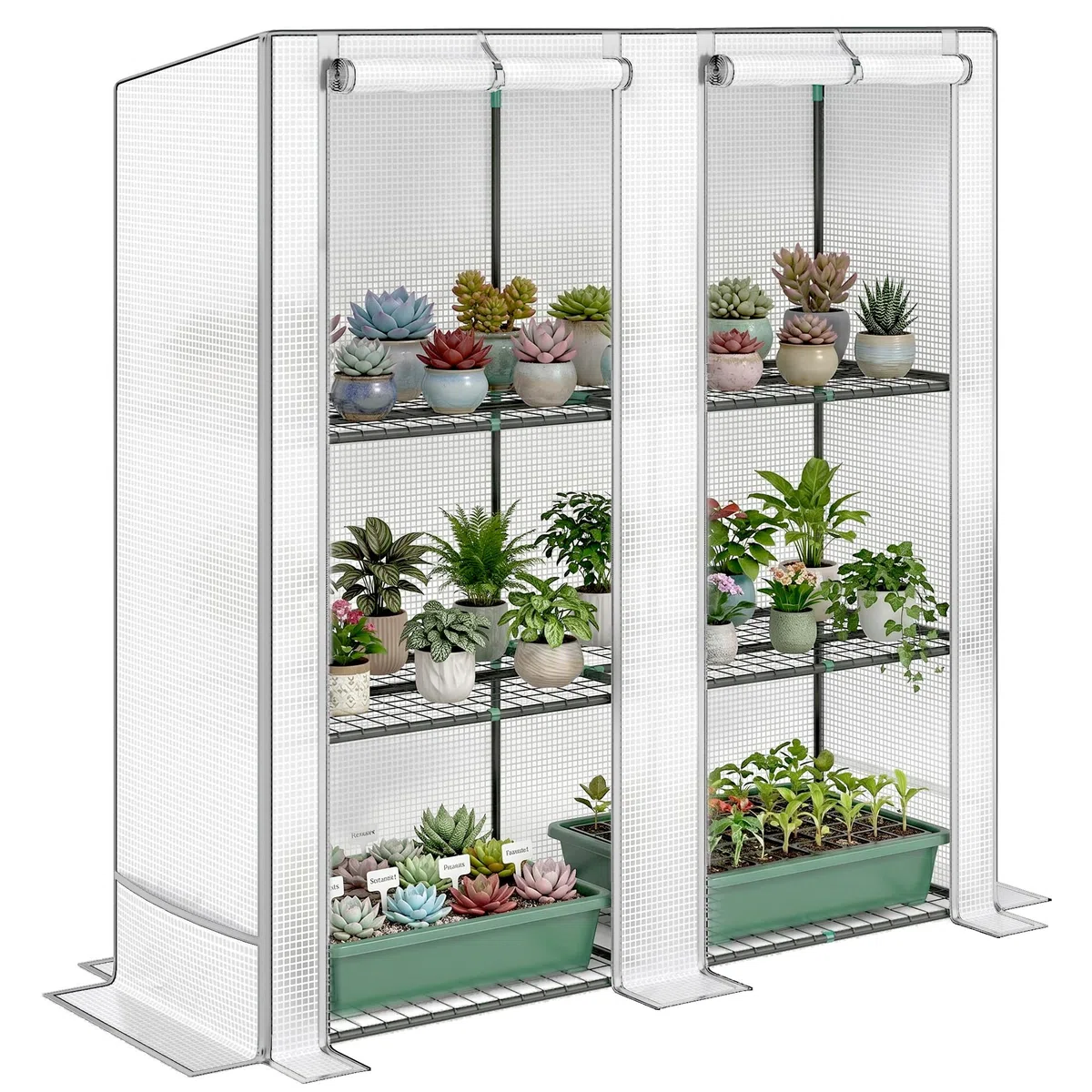 Outsunny Serra da Giardino con 2 Porte Avvolgibili, Scaffale a 3 Ripiani e Tasche Laterali, Serra per Orto, Struttura Acciaio e Copertura PE, per Piante Verdure Fiori Frutta, Anti UV, Bianco e Grigio
